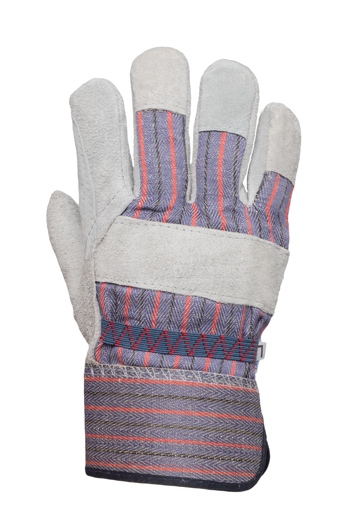 Patch Palm Split Leather/Cotton Gloves, Grey/Stripped Colors