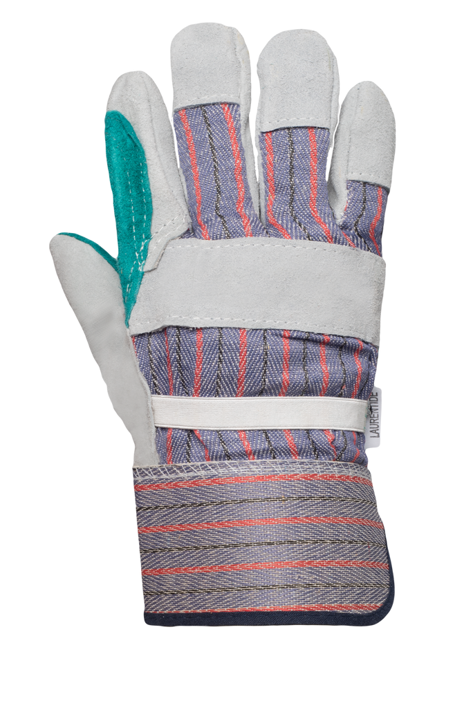 Patch Palm Split Leather/Cotton Gloves, Grey/Green/Stripped Colors